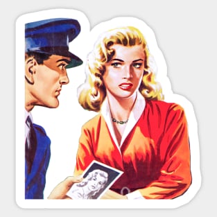 beautiful girl is questioned by police officer retro comic vintage Sticker